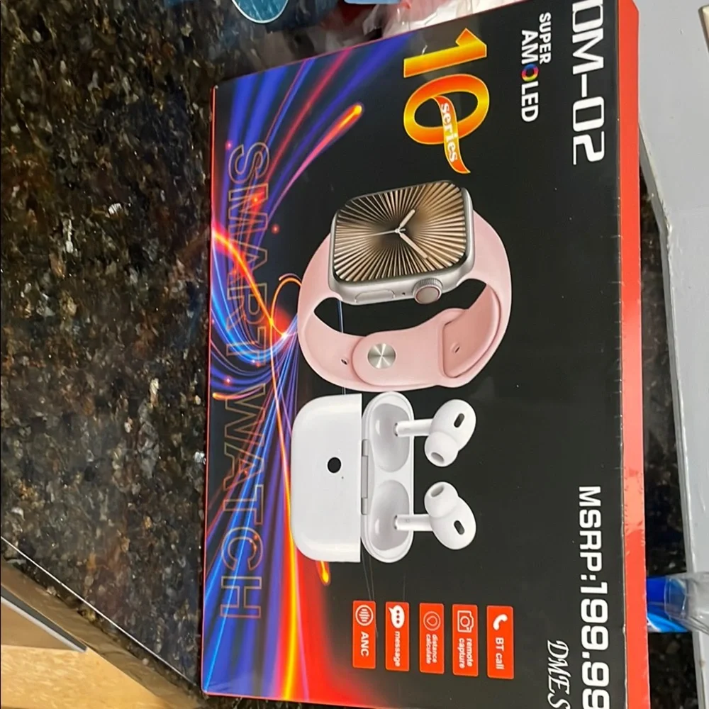 Smartwatch with Pink Band and White Earbuds
